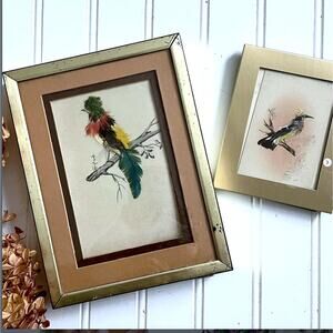 Vintage Mexican Watercolor Real Feather Bird Folk Art Painting Metal Frame PAIR